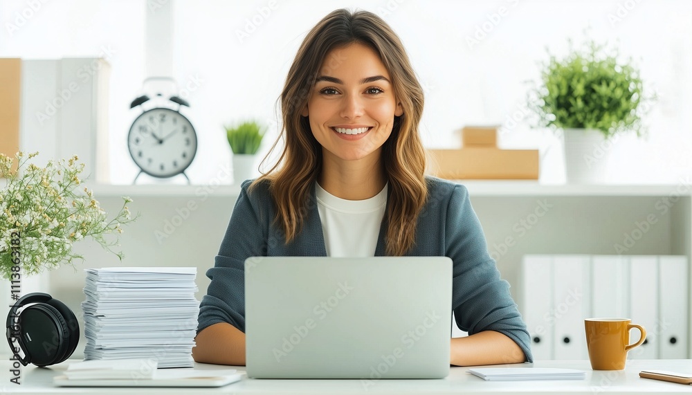 Smiling teacher sitting at her desk at home online classes Smiling teacher sitting at her desk at home online classes
