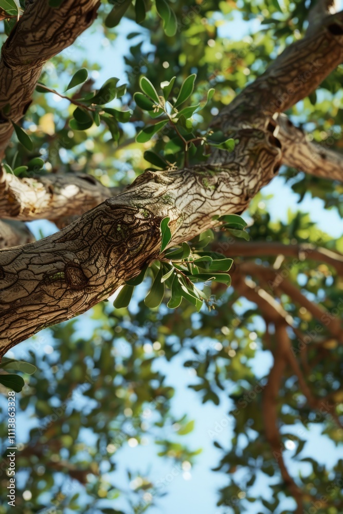 Tree with a branch that is covered in green leaves. The leaves are spread out and the sunlight is shining on them Tree with a branch that is covered in green leaves. The leaves are spread out and the sunlight is shining on them