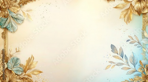 Luxurious baroque-inspired golden frame with elaborate leaf patterns, accented by blue and gold foliage on the right. Soft gradient background in beige to light blue.