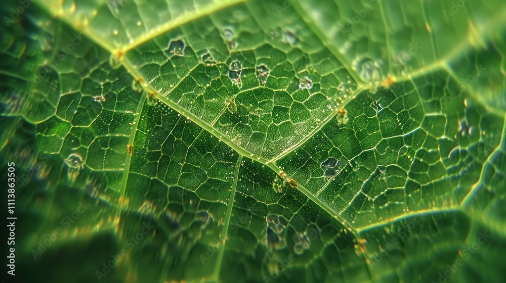 Macro photography of a Micro Ecosystem thriving on the surface of a leaf., AI generated image Macro photography of a Micro Ecosystem thriving on the surface of a leaf., AI generated image