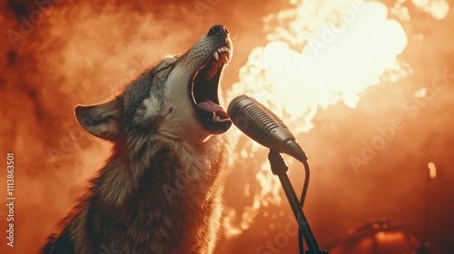 A wolf passionately howls into a microphone, backed by a dramatic fiery backdrop, symbolizing raw energy and wild musical expression.