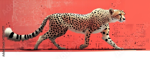 Minimalist  art of a cheetah walking on a red abstract background photo