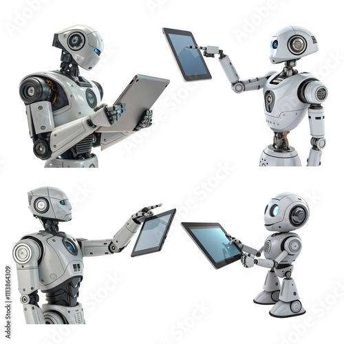 Set of robot assistant is holding a modern digital tablet isolated on a white background photo