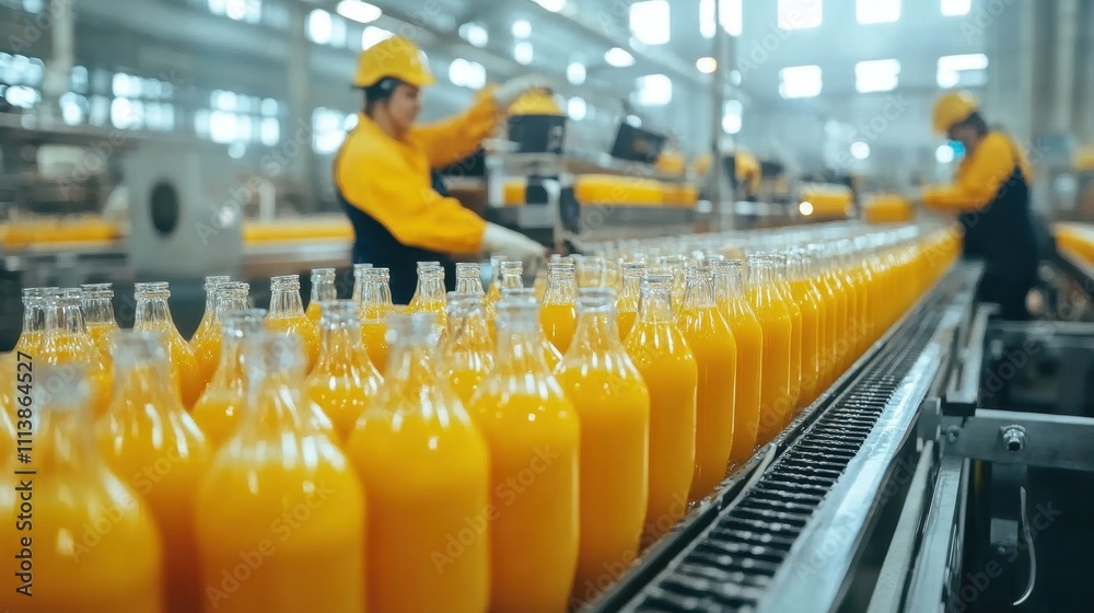 Bottled Citrus Juices on Production Line in Modern Beverage Factory Bottled Citrus Juices on Production Line in Modern Beverage Factory