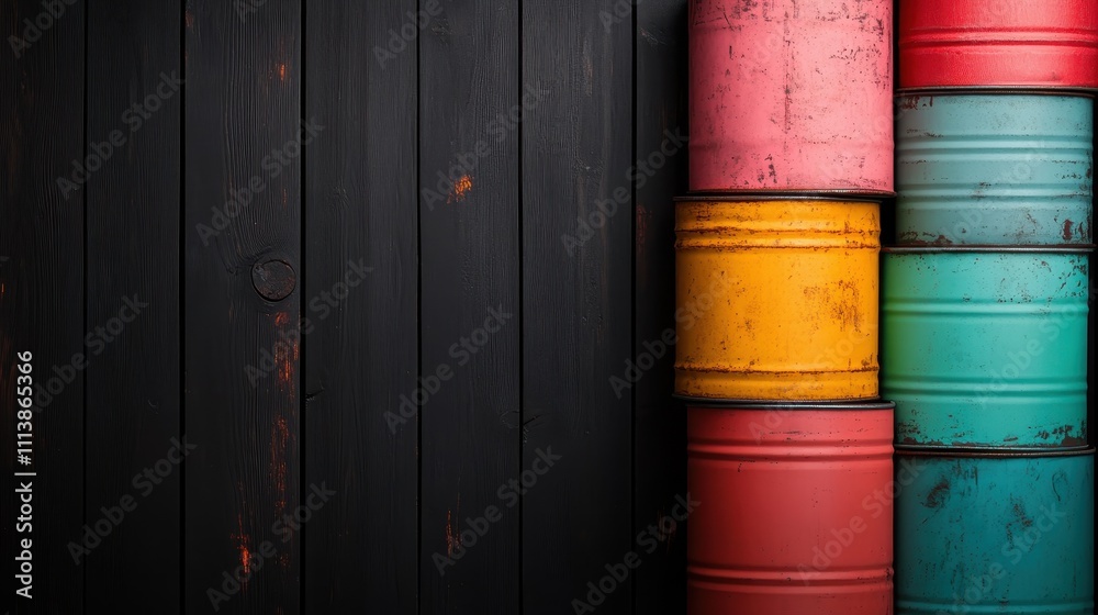A rustic and colorful scene showing a stack of vibrant barrels contrasting against a dark wooden wall, capturing a vintage, eclectic aesthetic and atmosphere. A rustic and colorful scene showing a stack of vibrant barrels contrasting against a dark wooden wall, capturing a vintage, eclectic aesthetic and atmosphere.