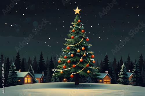 A Christmas tree on the background of a night forest and houses. Illustration.