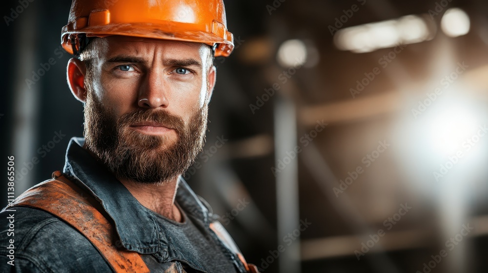Close-up of a serious construction worker with a beard, sporting an orange helmet and showcasing strength and professionalism. Close-up of a serious construction worker with a beard, sporting an orange helmet and showcasing strength and professionalism.