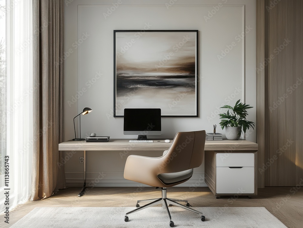 Fototapeta premium Modern Home Office with Desk and Art 