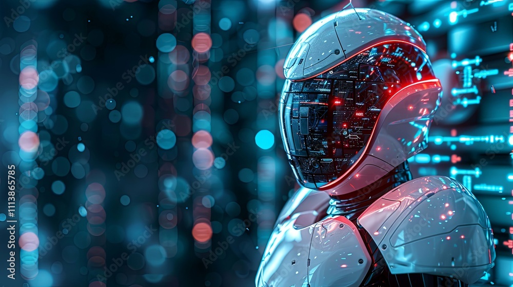 Futuristic Robot with Illuminated Helmet and Data Stream Background Futuristic Robot with Illuminated Helmet and Data Stream Background