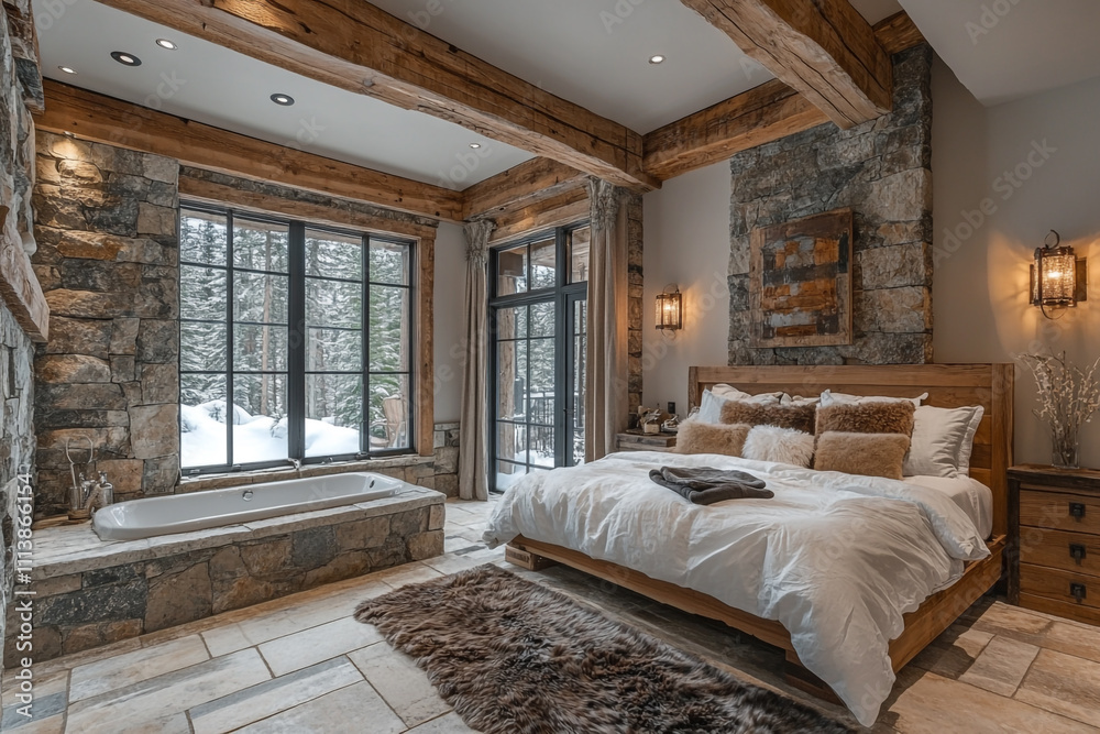 Luxurious Rustic Master Bedroom Suite With Stone Walls Luxurious Rustic Master Bedroom Suite With Stone Walls