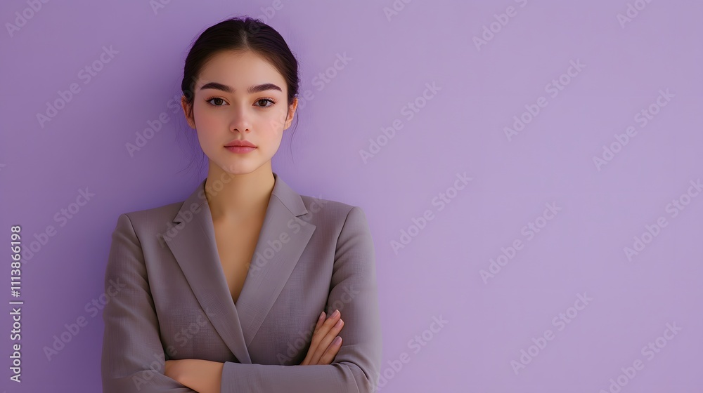 A young woman in a polished office dress, wearing a blazer, with her arms folded, on a solid light purple background with significant empty space. A young woman in a polished office dress, wearing a blazer, with her arms folded, on a solid light purple background with significant empty space.