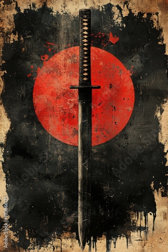 Minimalist poster of a black Japanese katana on abstract background photo