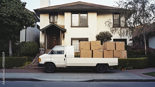 Moving Day at a Suburban Home: A White Van Loaded with Boxes photo