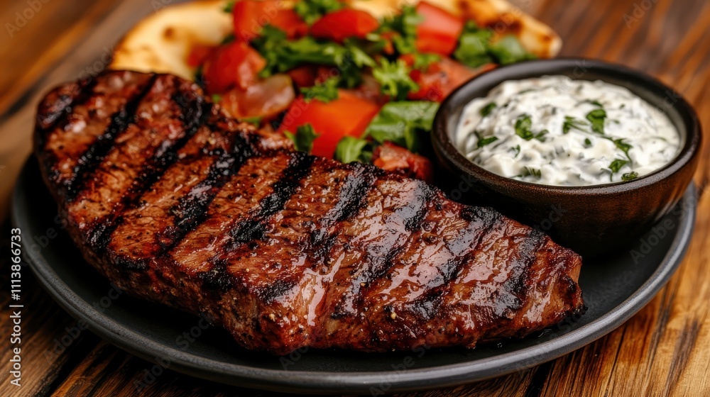 Juicy grilled steak served with fresh tomato salad and a bowl of creamy sauce on a black plate, showcasing a delicious culinary presentation. Juicy grilled steak served with fresh tomato salad and a bowl of creamy sauce on a black plate, showcasing a delicious culinary presentation.