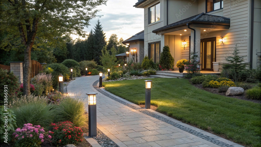 Twilight serenity at a modern home with illuminated garden pathway Elegant residential house basked in the warm glow of dusk. Twilight serenity at a modern home with illuminated garden pathway Elegant residential house basked in the warm glow of dusk.