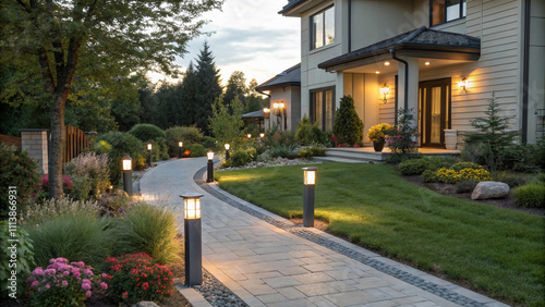 Twilight serenity at a modern home with illuminated garden pathway Elegant residential house basked in the warm glow of dusk. photo