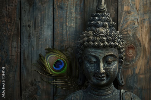 Peaceful Buddha statue with wooden background and peacock feather. photo