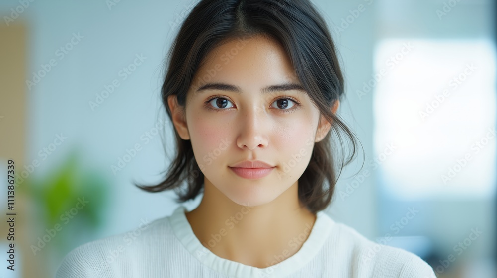 A beautifully composed photograph of a young Japanese woman with brunette hair, posed gracefully and looking at the camera with a serene expression A beautifully composed photograph of a young Japanese woman with brunette hair, posed gracefully and looking at the camera with a serene expression