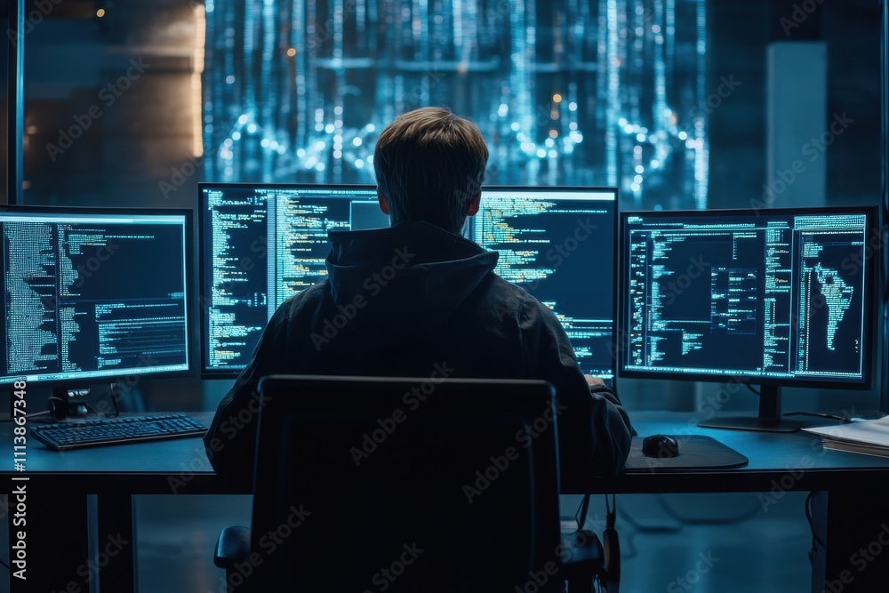 Tech professional working at multiple computer screens in a dimly lit room focused on coding and data analysis Tech professional working at multiple computer screens in a dimly lit room focused on coding and data analysis