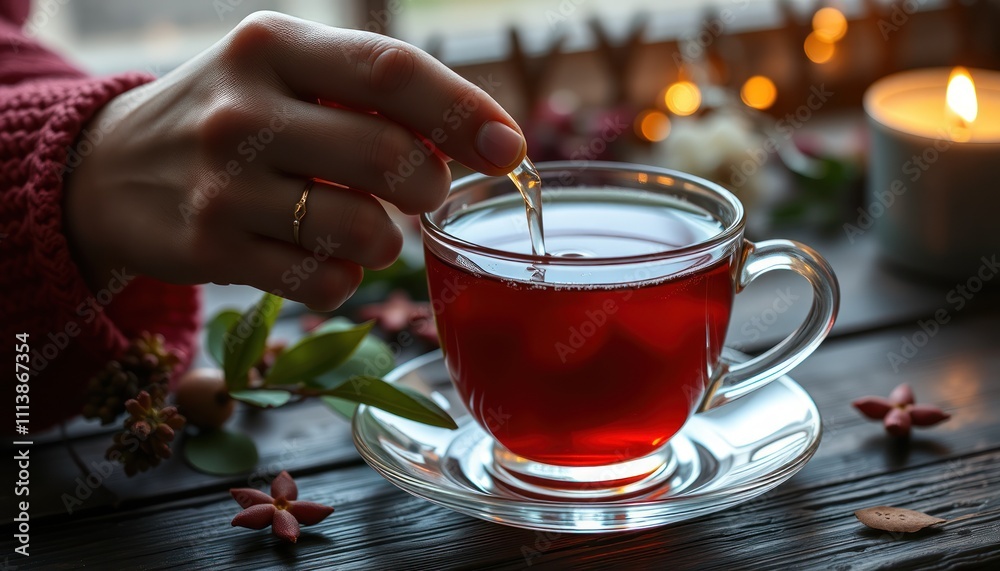 Woman adding tea bag to cup of tea by window. Woman adding tea bag to cup of tea by window.