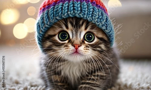 Wallpaper Mural A cute kitten wearing a colorful knitted hat, set against a soft, blurred background. Torontodigital.ca