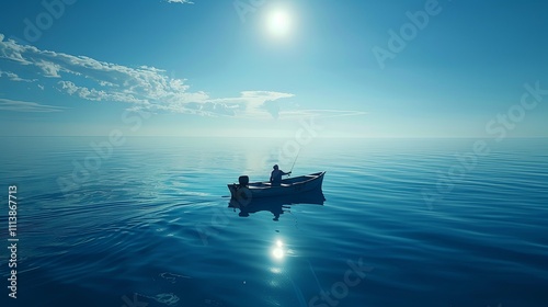 Solitary Fisherman in a Small Boat on a Calm, Azure Sea Under a Bright Sun