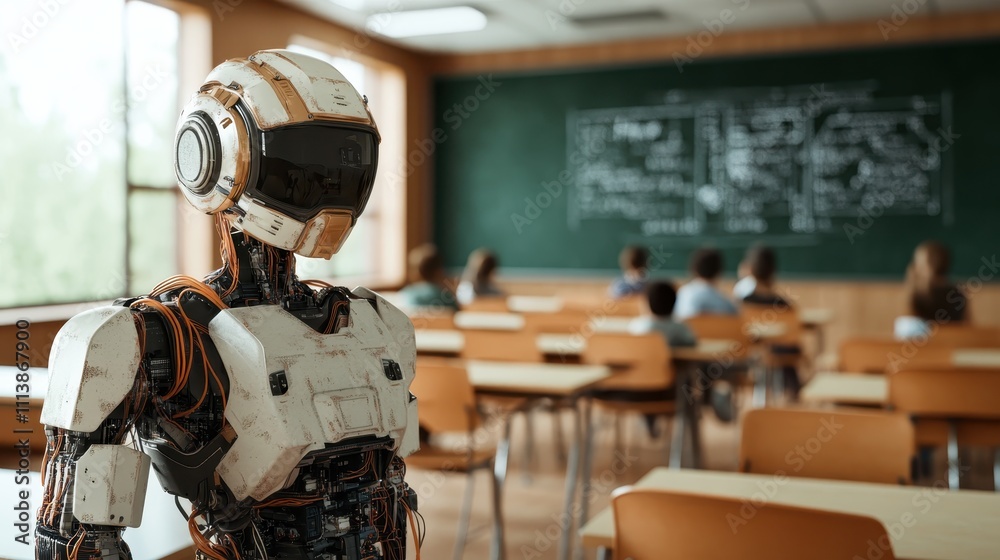 A humanoid robot stands at the front of a classroom, amidst young students, symbolizing the integration of advanced technology in education settings. A humanoid robot stands at the front of a classroom, amidst young students, symbolizing the integration of advanced technology in education settings.