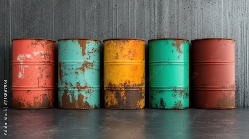 A row of colorful, rusty barrels stands aligned against a rough, textured concrete wall, creating an industrial yet artistic composition with vibrant hues and decay.
