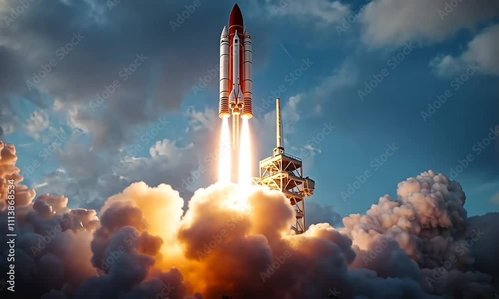 A rocket launching into the sky, surrounded by clouds and smoke, symbolizing space exploration.