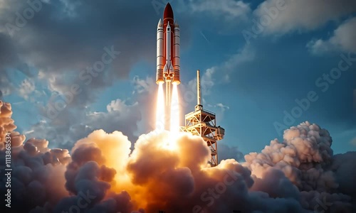 A rocket launching into the sky, surrounded by clouds and smoke, symbolizing space exploration.