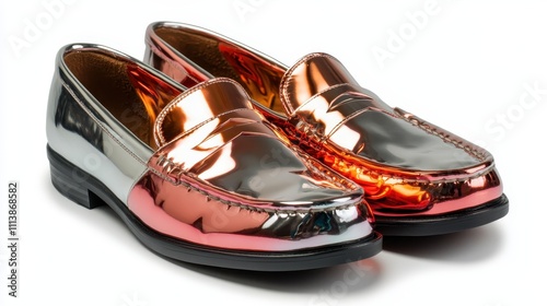 These shiny metallic loafers combine sleek copper and silver hues, offering a modern twist on classic footwear that embodies elegance and contemporary style. photo