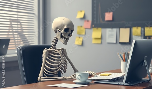 Skeleton Working at a Computer in an Office. AI Generated
