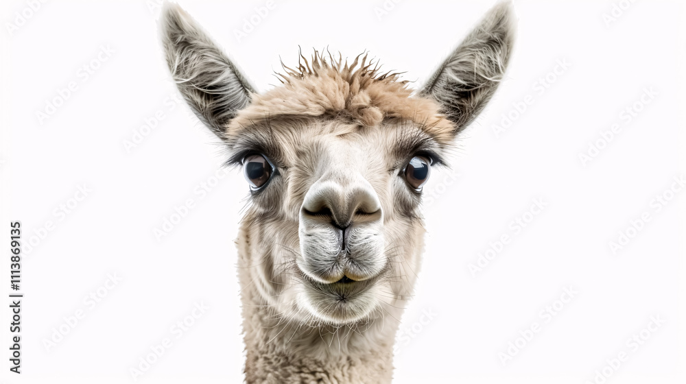 Obraz premium Portrait of a Surprised Alpaca: Close-up, isolated on a white background.