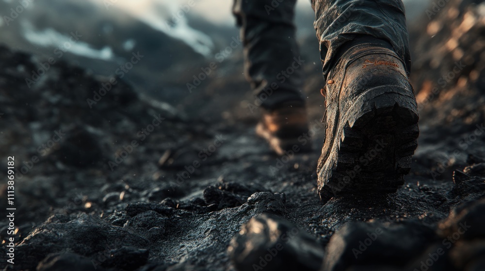 Trekking on Volcanic Terrain: A Close-Up of Hiking Boots Trekking on Volcanic Terrain: A Close-Up of Hiking Boots