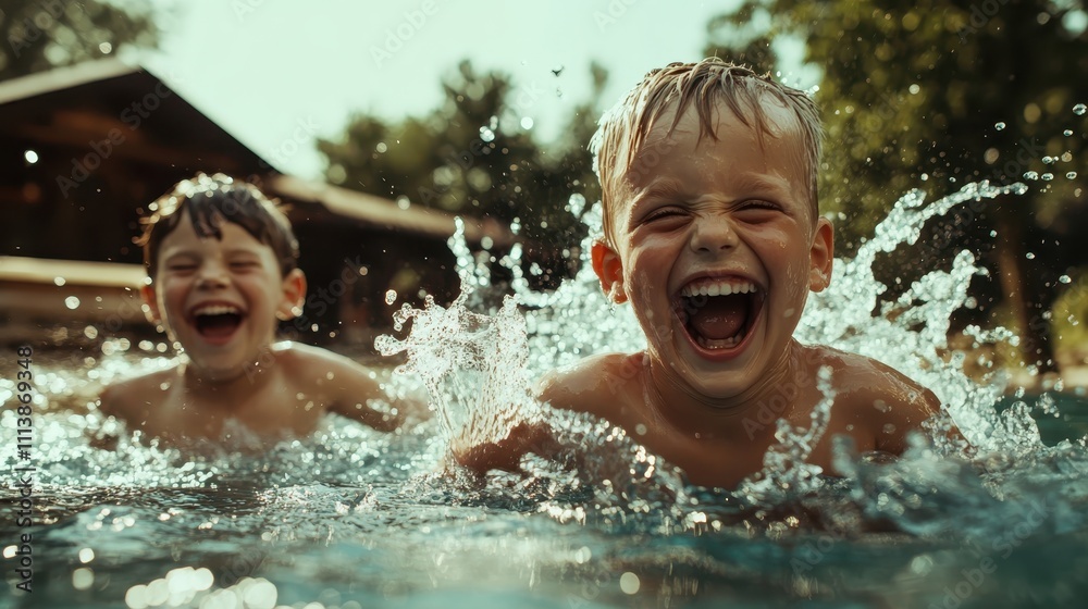 Two children laugh joyfully as they splash in a sunlit pool, creating a vibrant scene of carefree play and happiness during a sunny day at a swimming pool. Two children laugh joyfully as they splash in a sunlit pool, creating a vibrant scene of carefree play and happiness during a sunny day at a swimming pool.