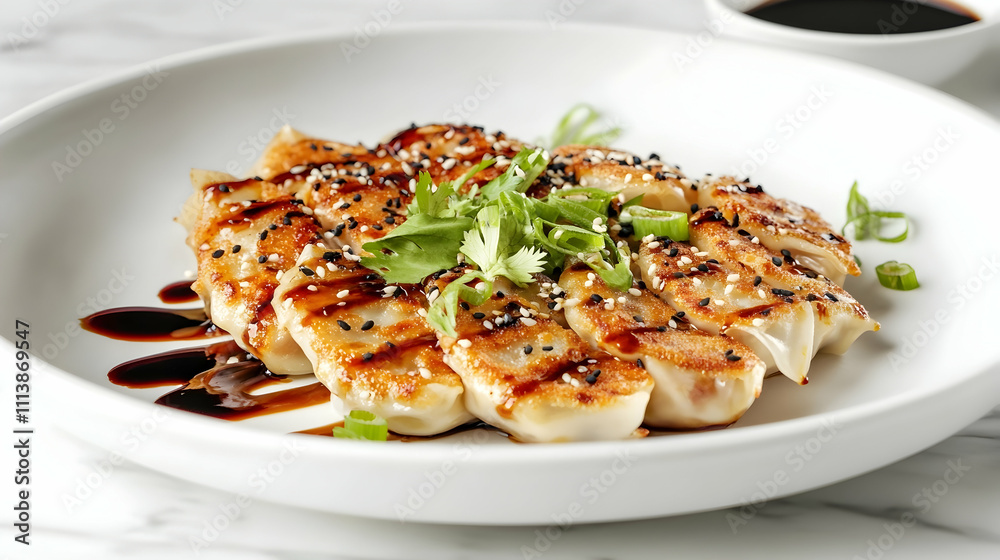 Pan Fried Vegetable Gyoza with Chili Oil and Scallions, Asian Appetizer Photography Pan Fried Vegetable Gyoza with Chili Oil and Scallions, Asian Appetizer Photography