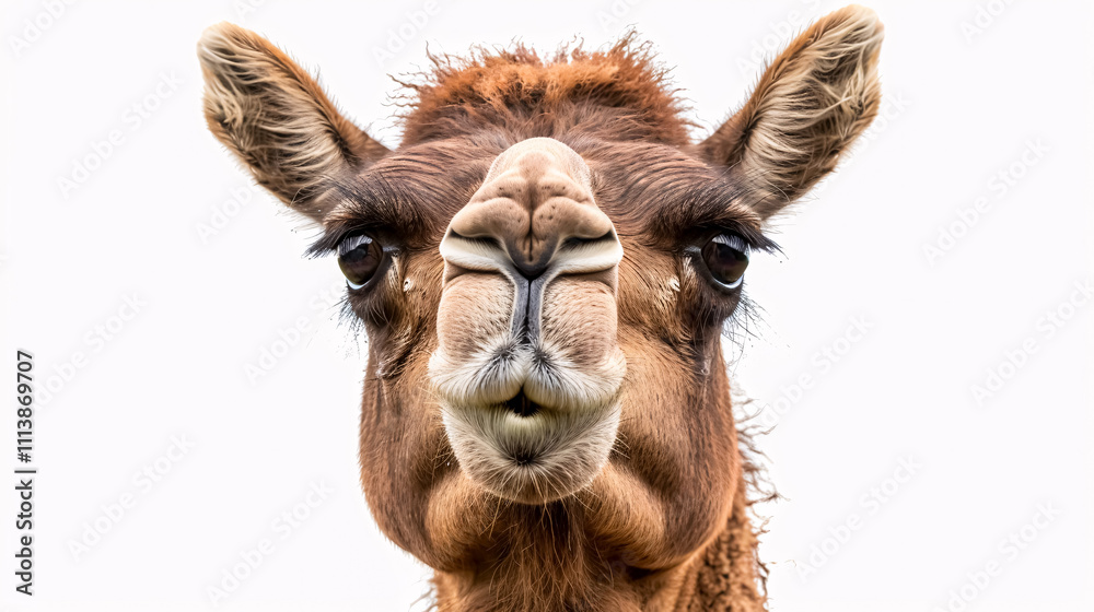 Obraz premium Portrait of a Surprised Camel: Close-up, isolated on a white background.