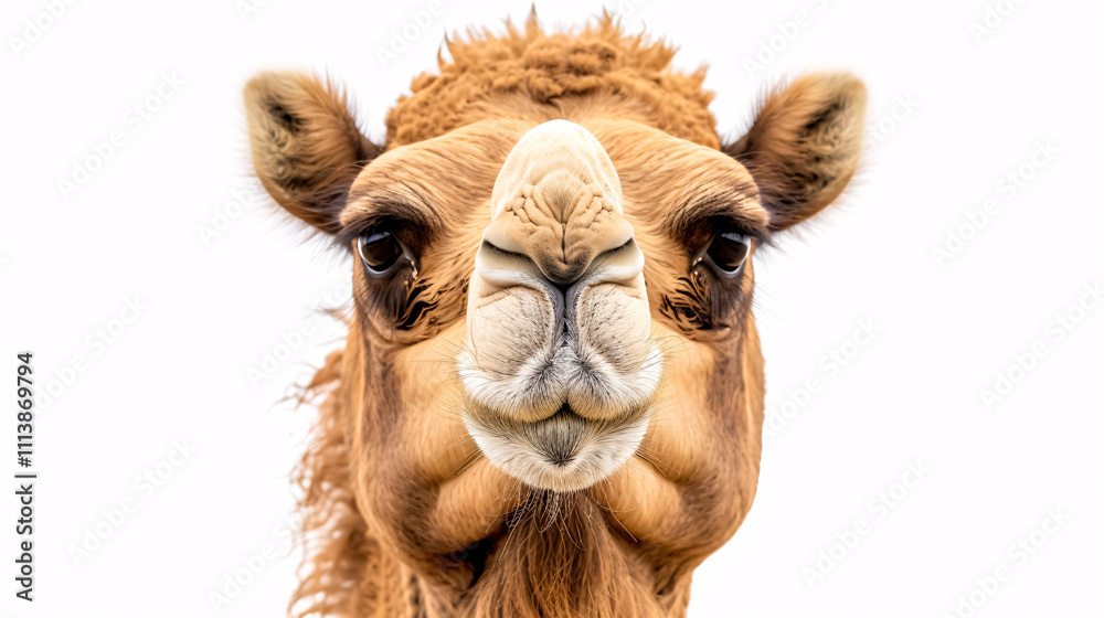 Fototapeta premium Portrait of a Surprised Camel: Close-up, isolated on a white background.