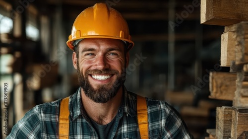 A cheerful construction worker wearing a yellow safety helmet and orange suspenders, standing amidst wooden structures, exudes a sense of satisfaction and pride.