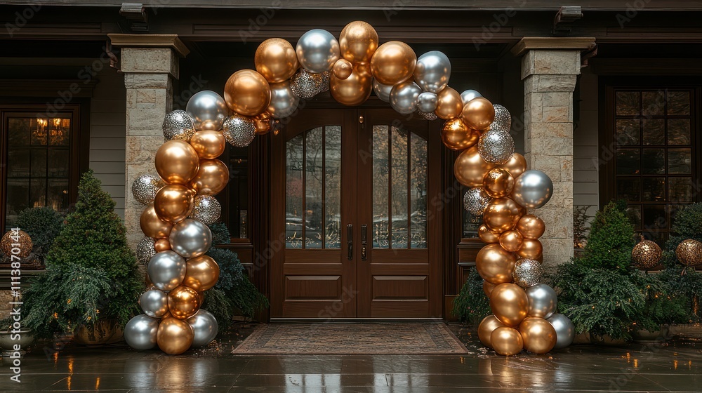 Fototapeta premium Elegant gold and silver balloon archway entrance.