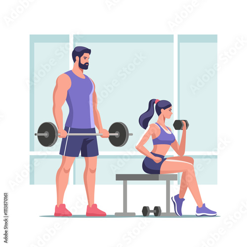 Fitness, sport and healthy lifestyle. Sports couple is working out at gym with barbell and dumbbelle for muscle, wellness and healthy body. Vector illustration in minimalistic style.