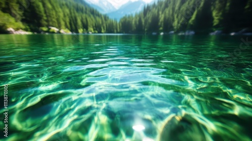 A breathtaking view of a tranquil lake with crystal clear waters reflecting the surrounding lush forest and distant mountains, creating a serene natural setting.