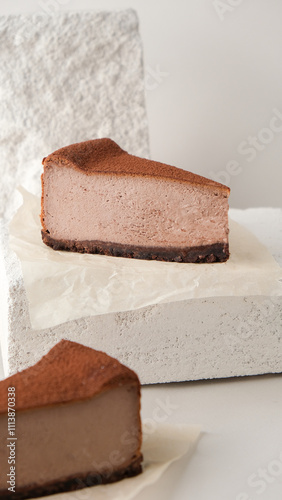 Close-up of a fork breaking a chocolate cake. chocolate cheesecake on a light background