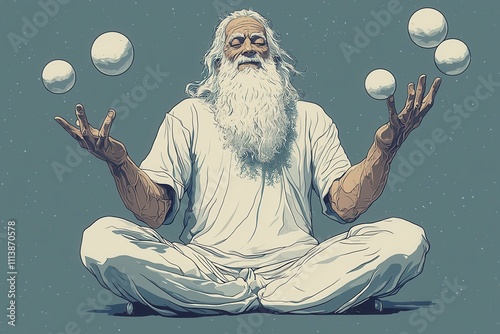 Wise old man juggling spheres in meditation pose artwork photo