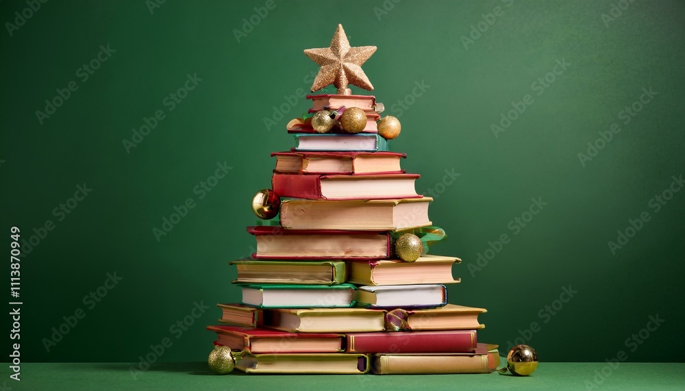 Christmas tree made of books on a green background, , Christmas concept representing the holiday season and reading day,