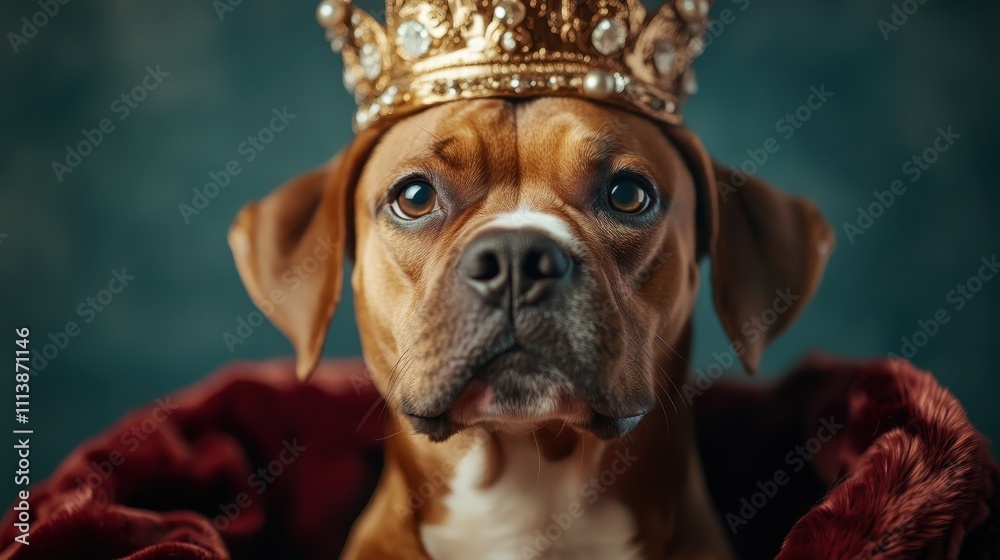 A majestic dog, adorned with a sparkling golden crown, exudes royalty and elegance reminiscent of a canine king, symbolizing leadership and pride. A majestic dog, adorned with a sparkling golden crown, exudes royalty and elegance reminiscent of a canine king, symbolizing leadership and pride.