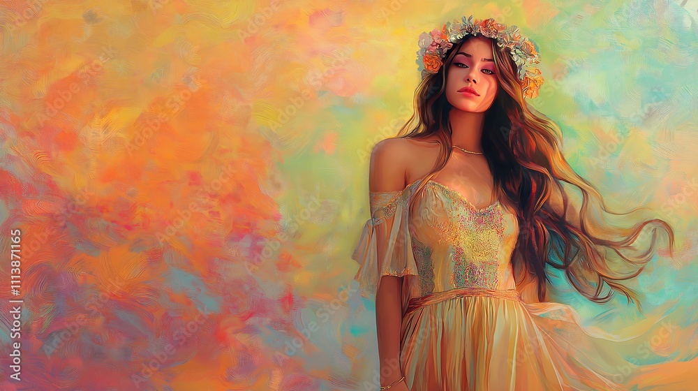 Bohemian Woman in 1970s Retro Dress with Flower Crown and Vibrant Patterned Curtains Generative AI Bohemian Woman in 1970s Retro Dress with Flower Crown and Vibrant Patterned Curtains Generative AI