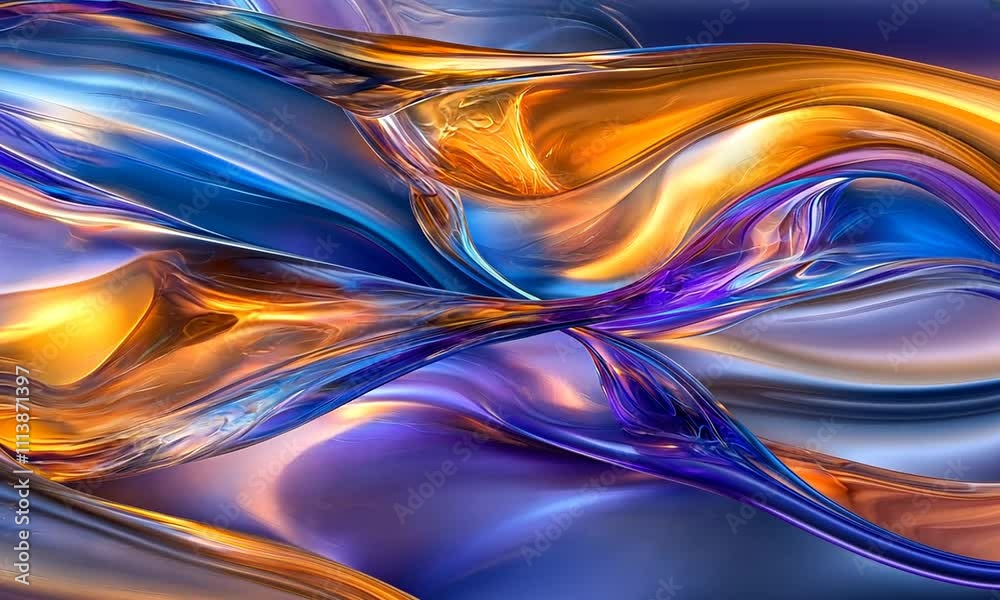A vibrant abstract composition with flowing shapes and colors.