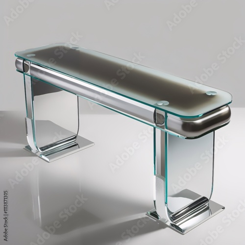 Glass sculpture of modern TV console with silver to charcoal gradient top, clear frosted glass legs, light gray background, generative ai photo