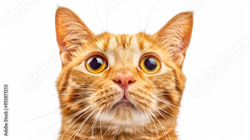 Portrait of a Surprised Cat: Close-up, isolated on a white background. photo